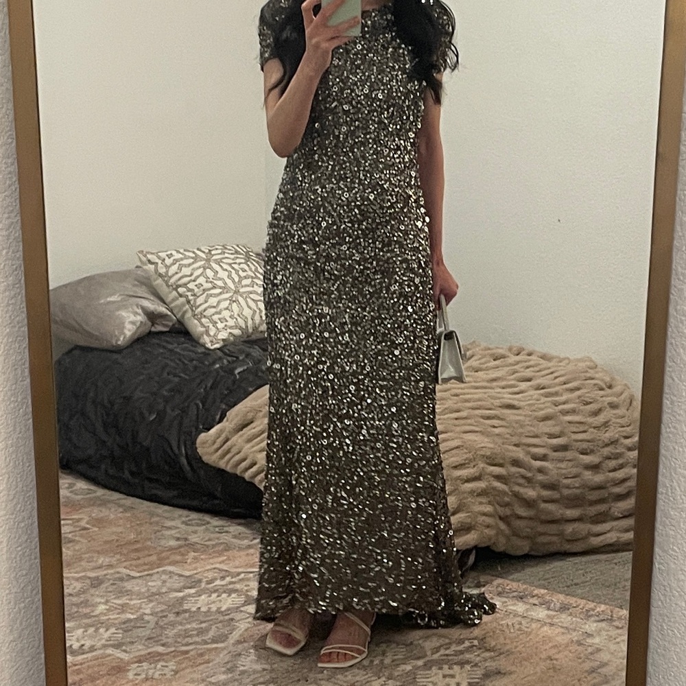 Scoop Back Long Beaded Dress Semi modest - Adrianna Papell